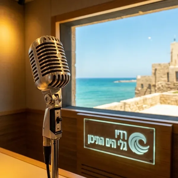 תוכנית בוקר - מיקרופון רדיו וינטג' עם נוף ים
