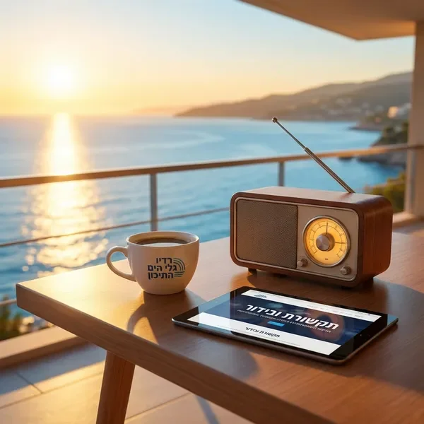 תוכנית בוקר - זריחה ים תיכונית עם כוס קפה ורדיו וינטג'