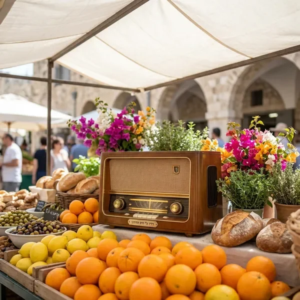 תוכנית צהריים - שוק ים תיכוני עם פירות, פרחים ורדיו וינטג'
